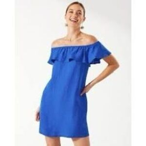Tommy Bahama Women's XL Off Shoulder Ruffle Neck Mini Dress Blue Coastal Beachy